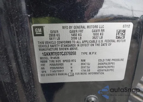 2012 GMC Acadia Denali из США, поврежденный, VIN 1GKKRTED7CJ379268